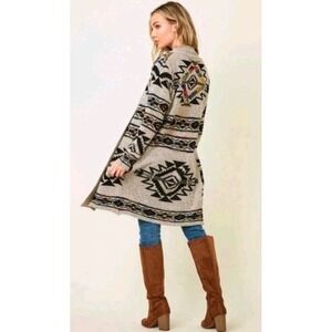 Northern Angel Aztec Southwest Boho Open Front Long Cardigan Duster Sweater Sz S